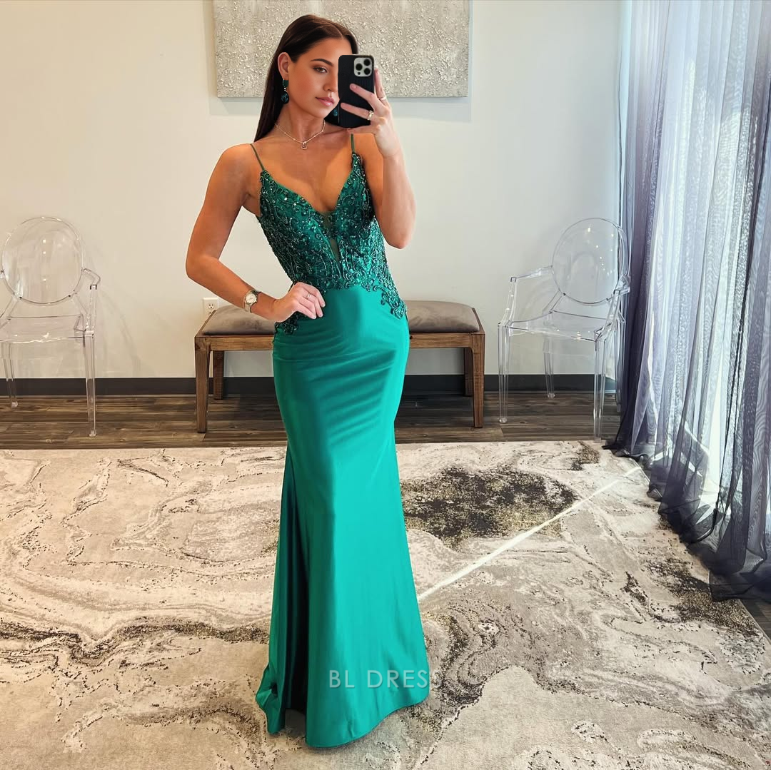 Mermaid V Neck Spaghetti Straps Green Long formal dresses Bridesmaid Dresses evening gown Prom Dress