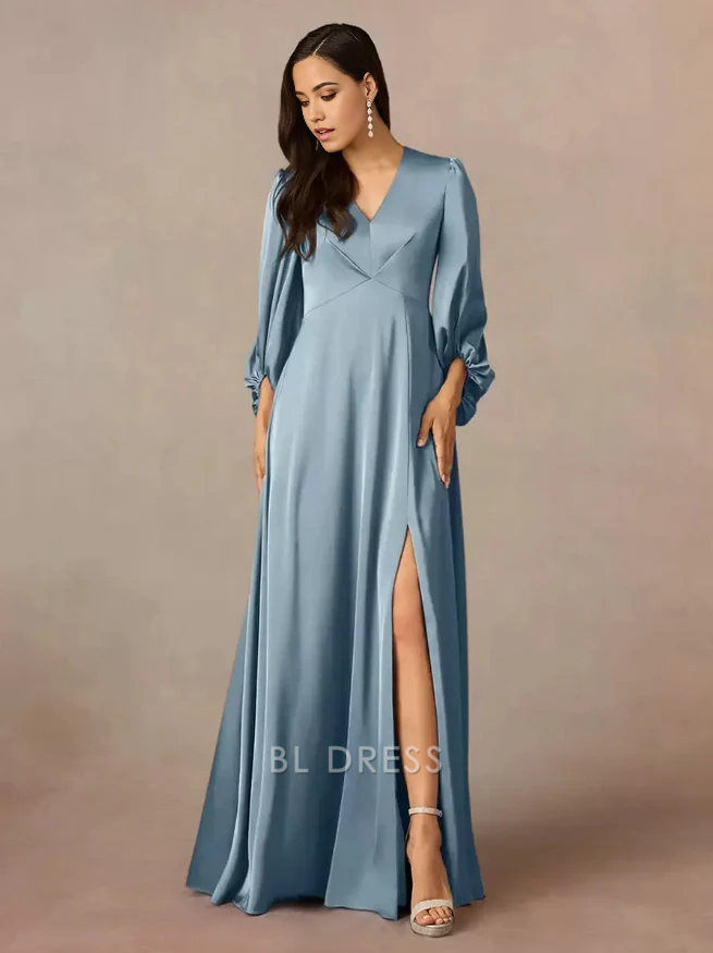 A-Line V-Neck 3/4 Length Sleeves Pleated Floor-Length Wedding Guest Dresses Mother of the Bride Dresse