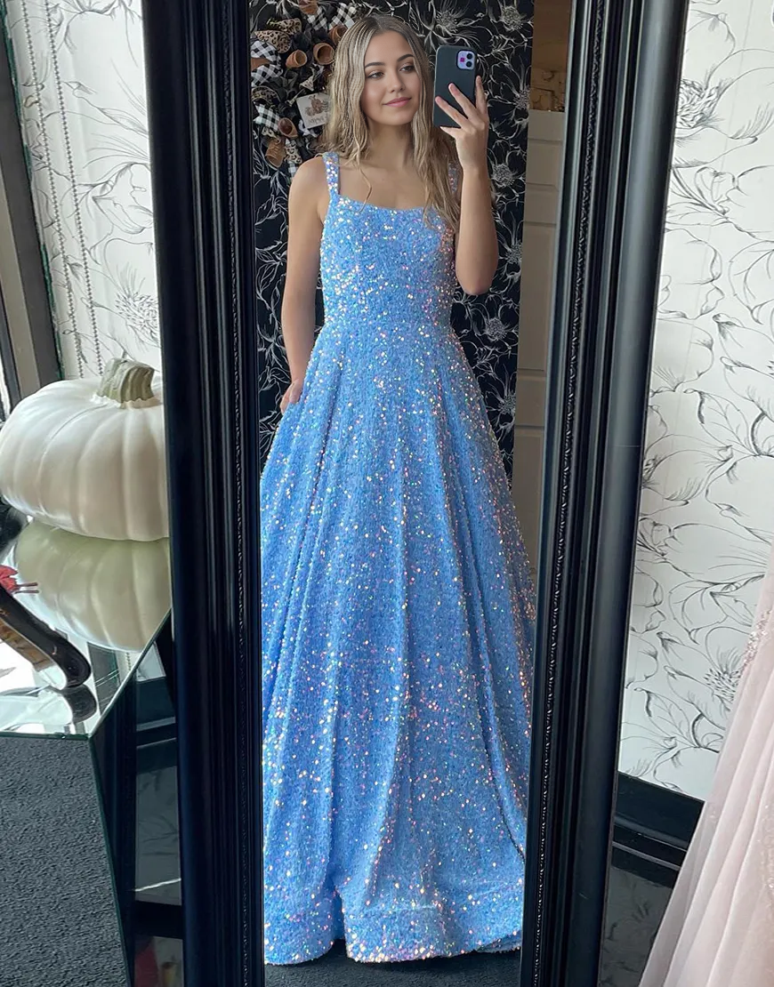 A-Line Sparkly Spaghetti Straps Sequins Blue Long formal dresses Bridesmaid Dresses evening gown Prom Dress