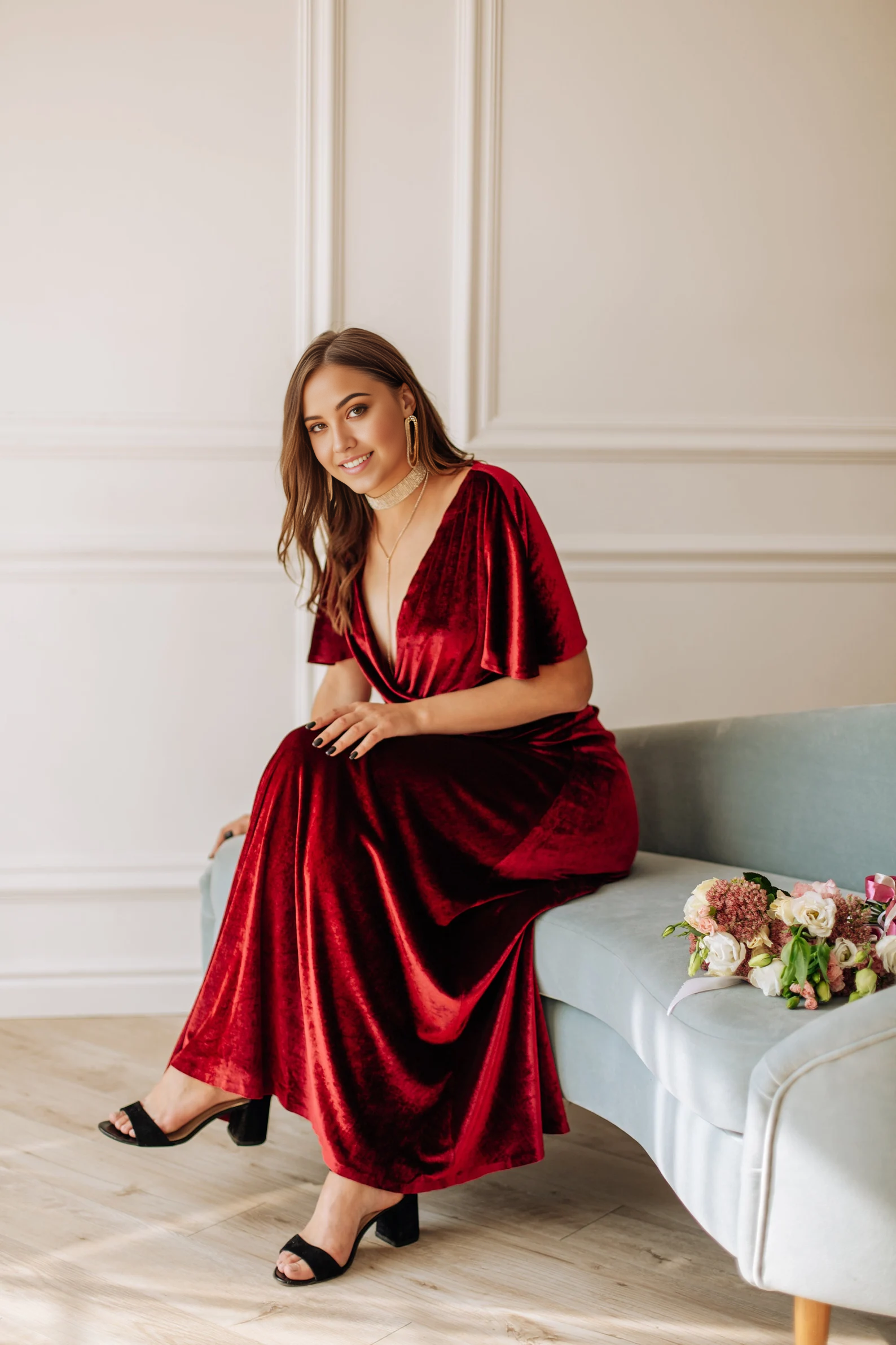 A-line Elegant velvet Short Sleeve Bridesmaid Dress Formal Dresses for Wedding Guest Cocktail Dress Mother of the Bride Dresses