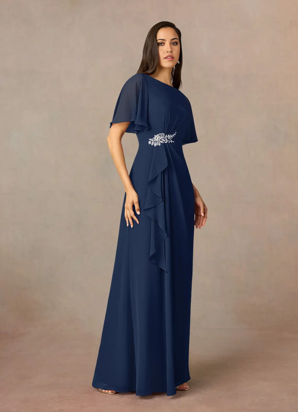 Sheath Crew Neck Beaded Chiffon Dark Navy formal dresses evening dress Mother of the Bride Dresses