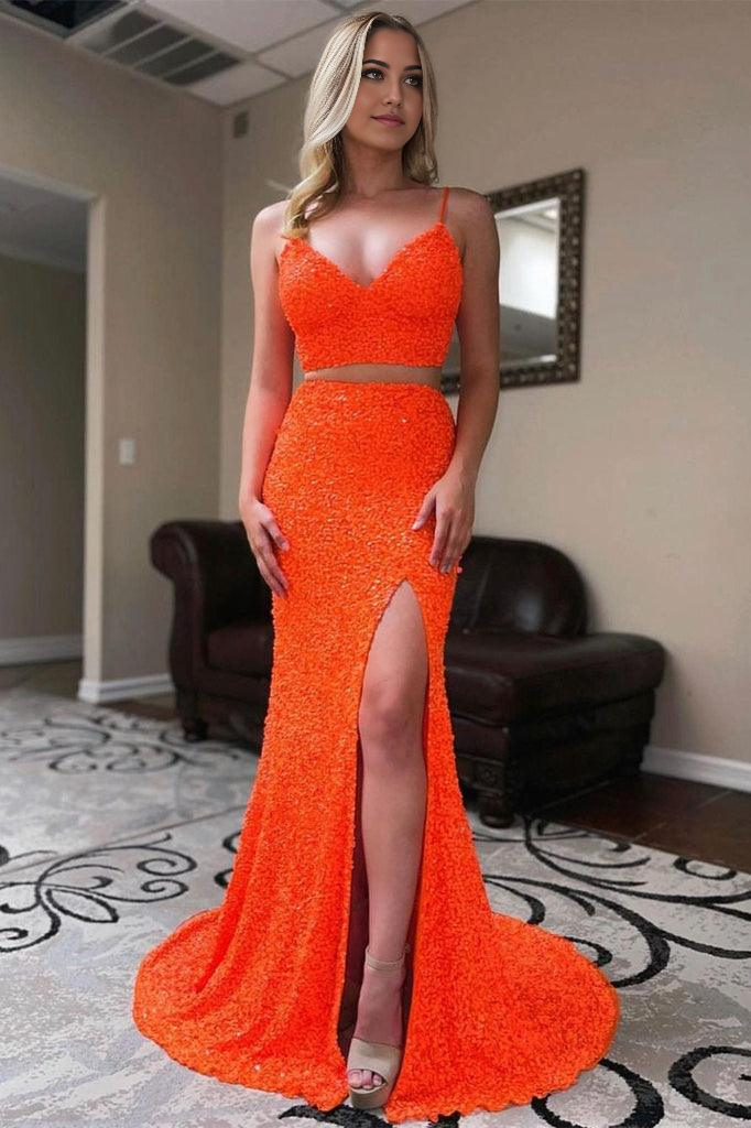 Mermaid Two Piece Orange Sequins Long Prom Formal Dress