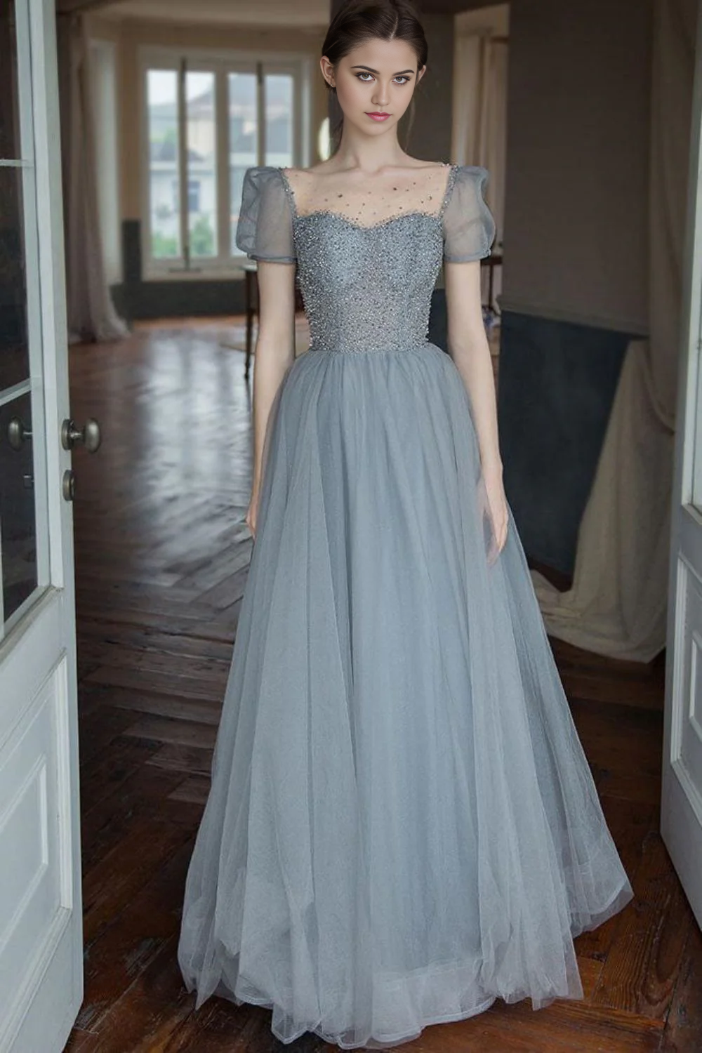 A Line Square Neck Grey Long evening gowns Prom Dress with Beading
