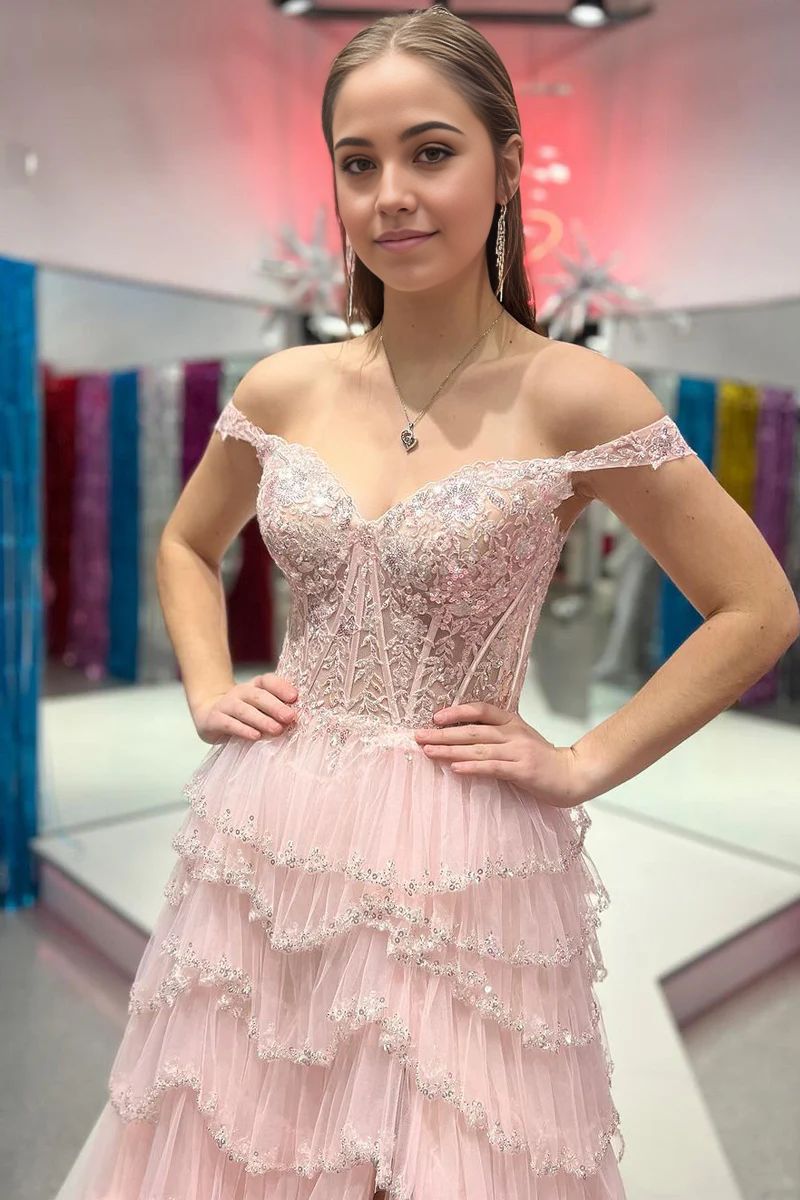 A Line Sweetheart Cute Light Pink Tulle Tiered Long Prom Dresses with Beading