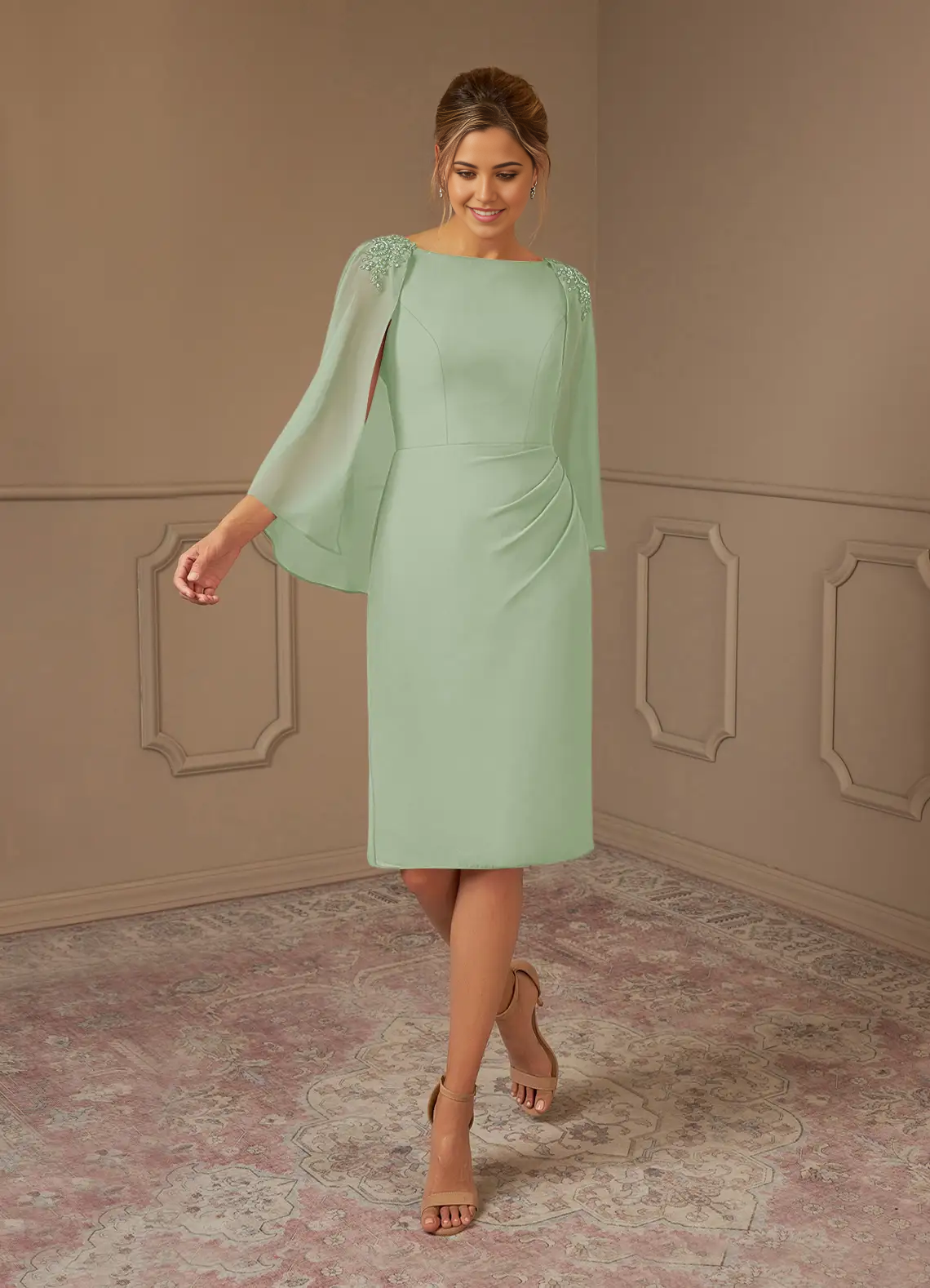 Sheath Lace Chiffon Tea Length Dusty Sage formal dresses evening dress Mother of the Bride Dresses