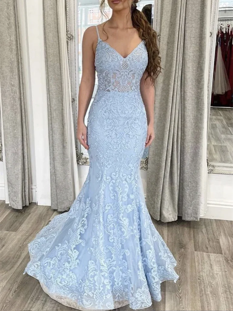 Mermaid V Neck Lace Long Prom Dresses