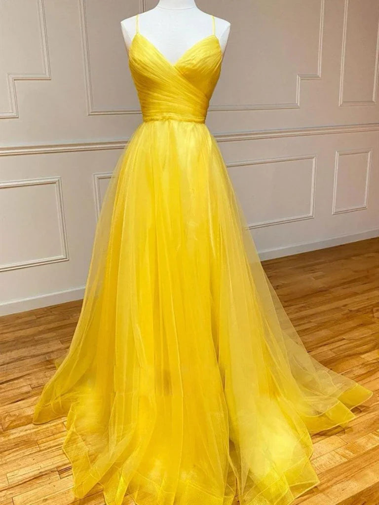 Simple V Neck Backless Tulle Long Prom Dresses