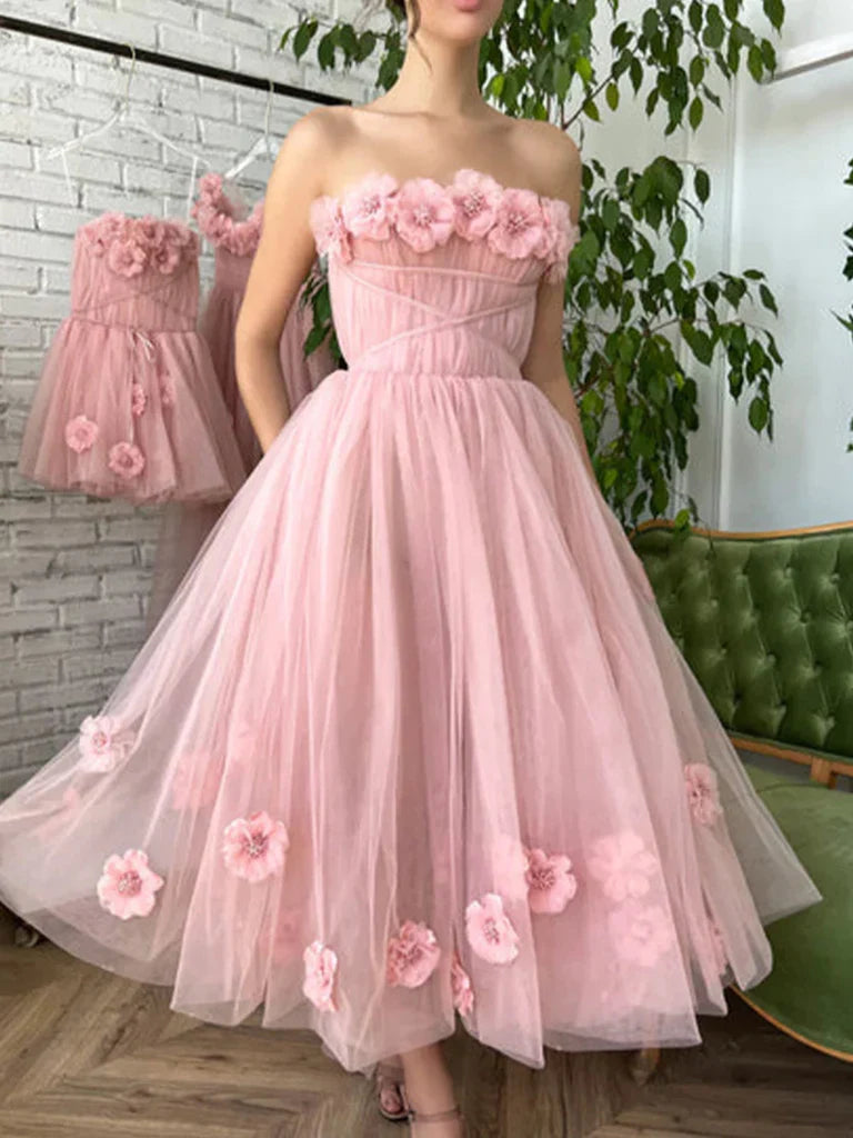 Strapless Floral Tulle 3D Flowers Tea Length Prom Dresses