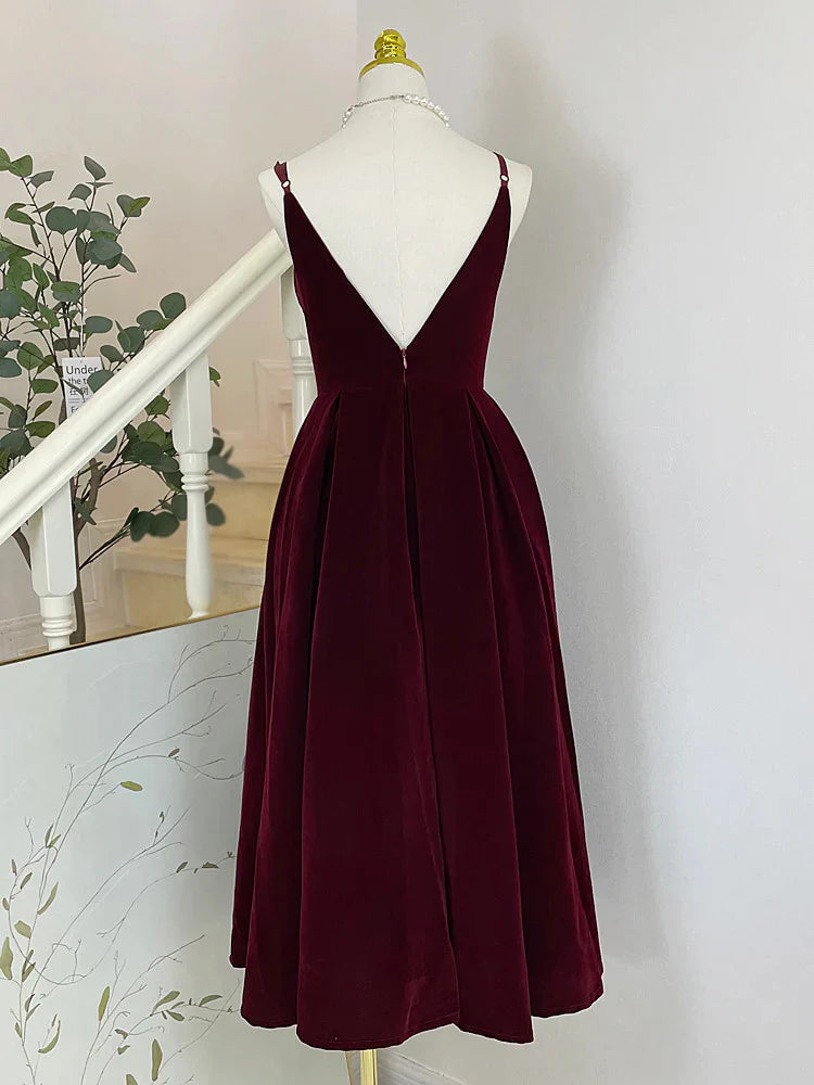 A Line V Neck Velvet Tea Length Prom Dresses