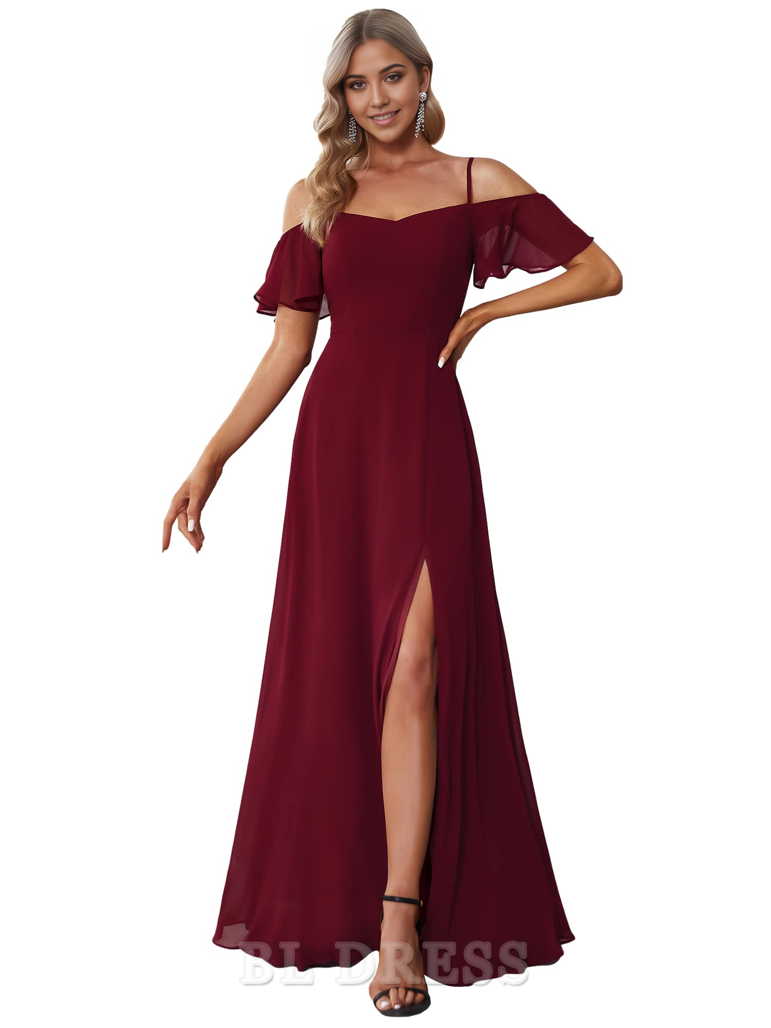 A-Line Off Shoulder Short Sleeve Split Floor Length formal dresses Bridesmaid Dresses evening gown Prom Dress