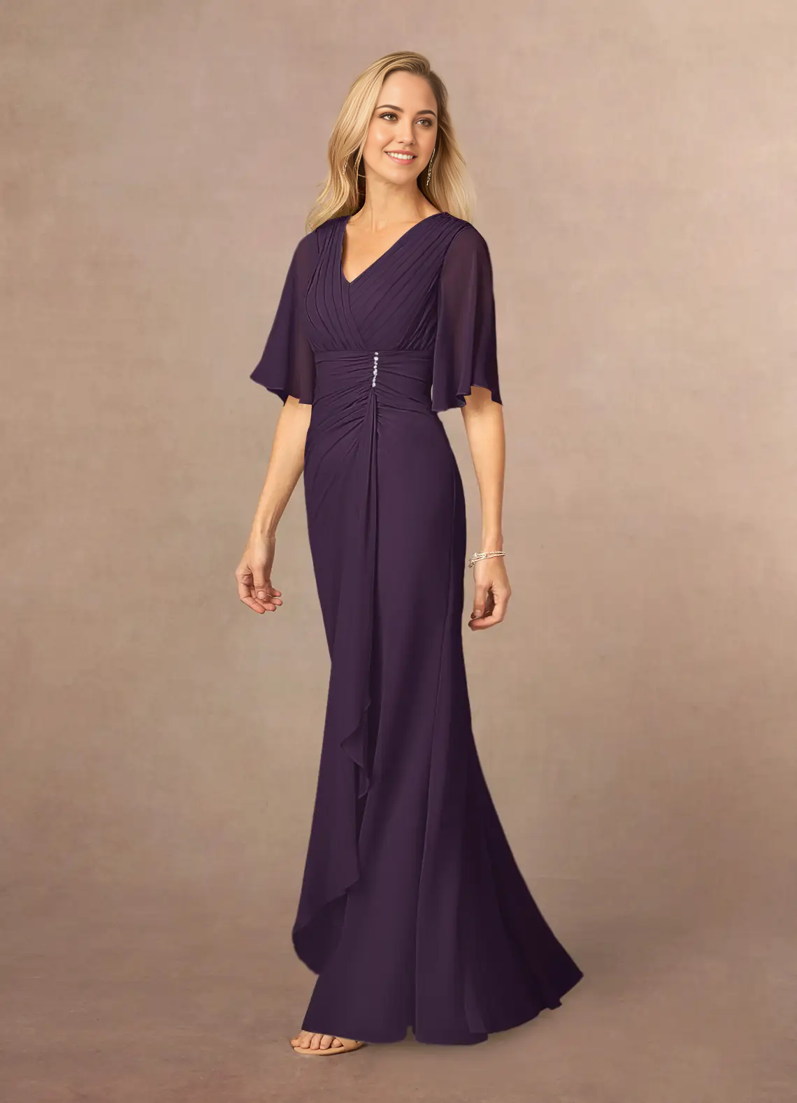 A-Line V-Neck Lace Chiffon Appliques Plum Mother of the Bride Dresses