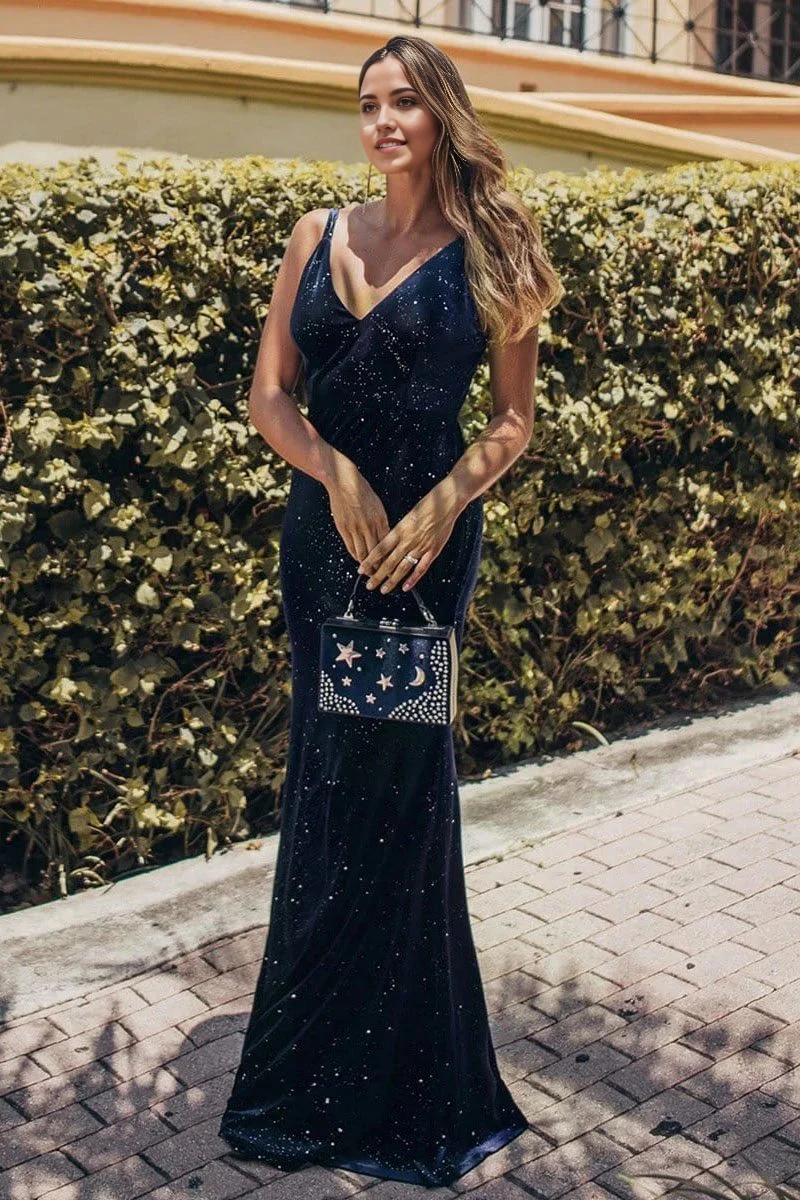 Mermaid V-Neck Spaghetti Straps Velvet Dark Navy Blue Evening Dress Prom Dresses