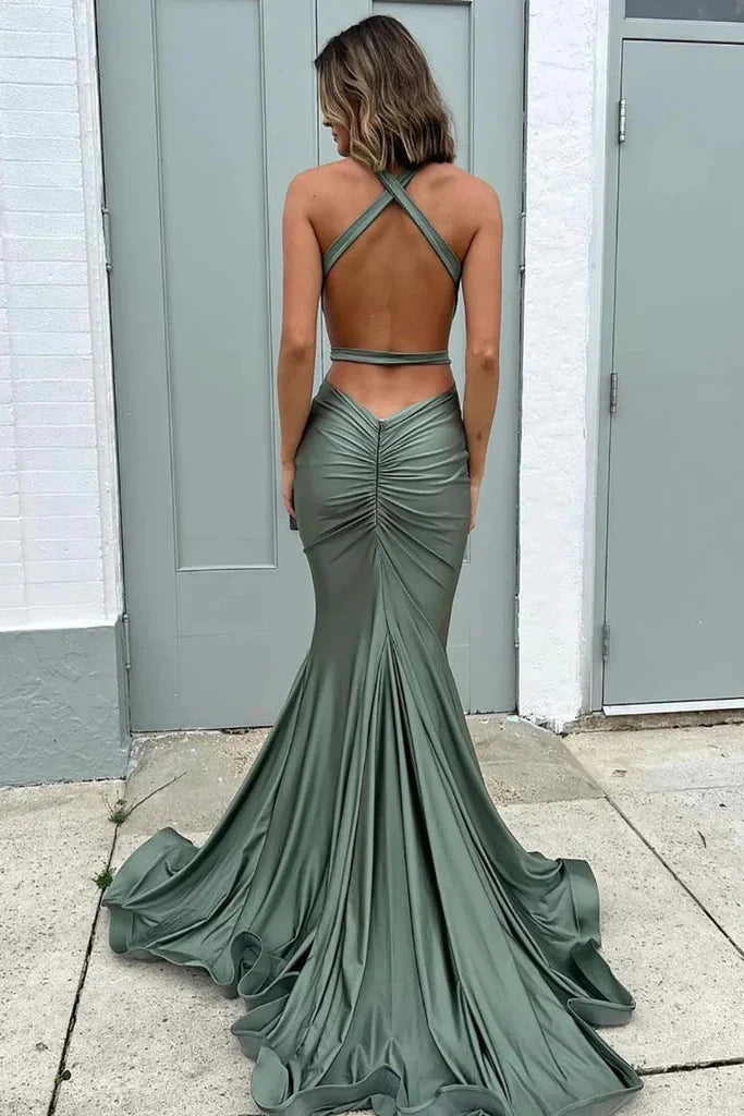 Mermaid V Neck Open Back Long Prom Dresses