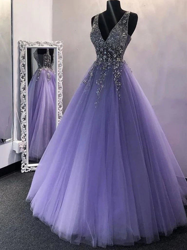 A Line V Neck Sequins Tulle Long Prom Dresses Long Formal Evening Praty Dresses