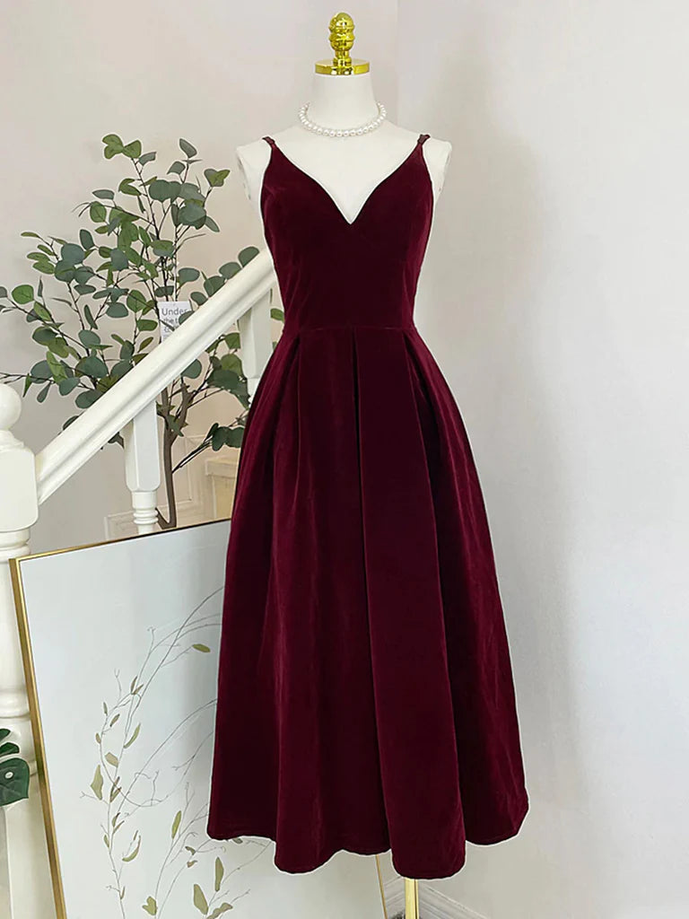 A Line V Neck Velvet Tea Length Prom Dresses