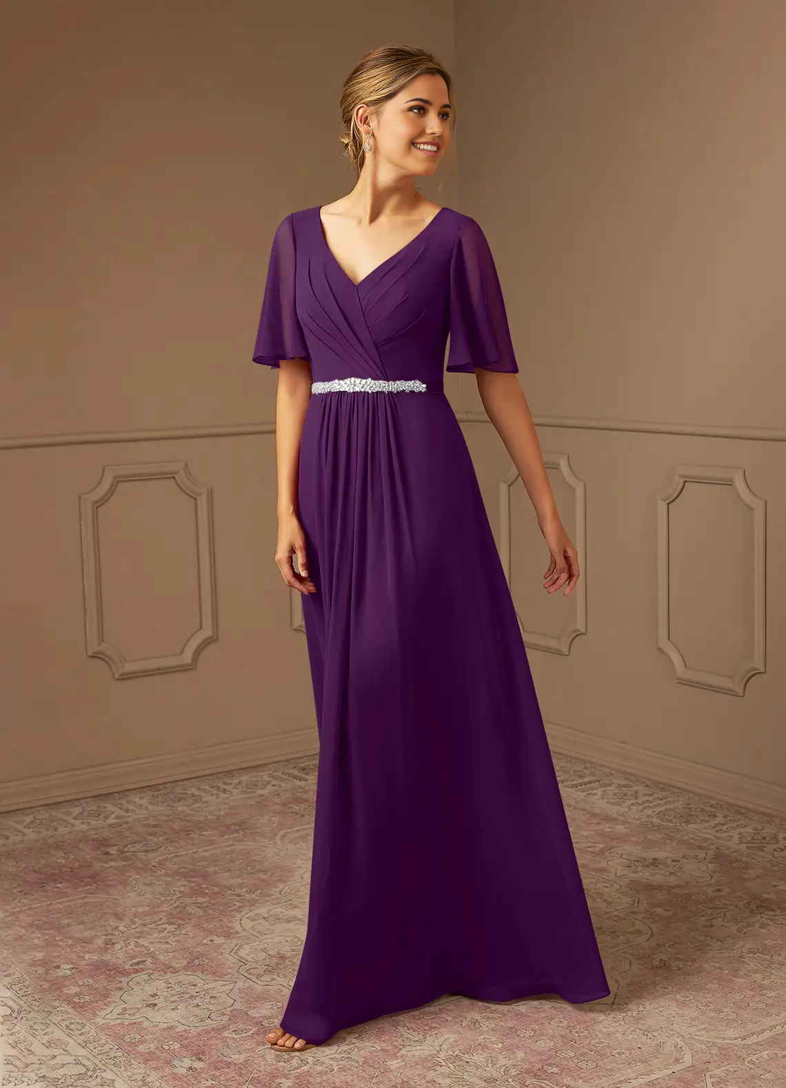 A-Line V-Neck Pleated Chiffon Grape formal dresses evening dress Mother of the Bride Dresses
