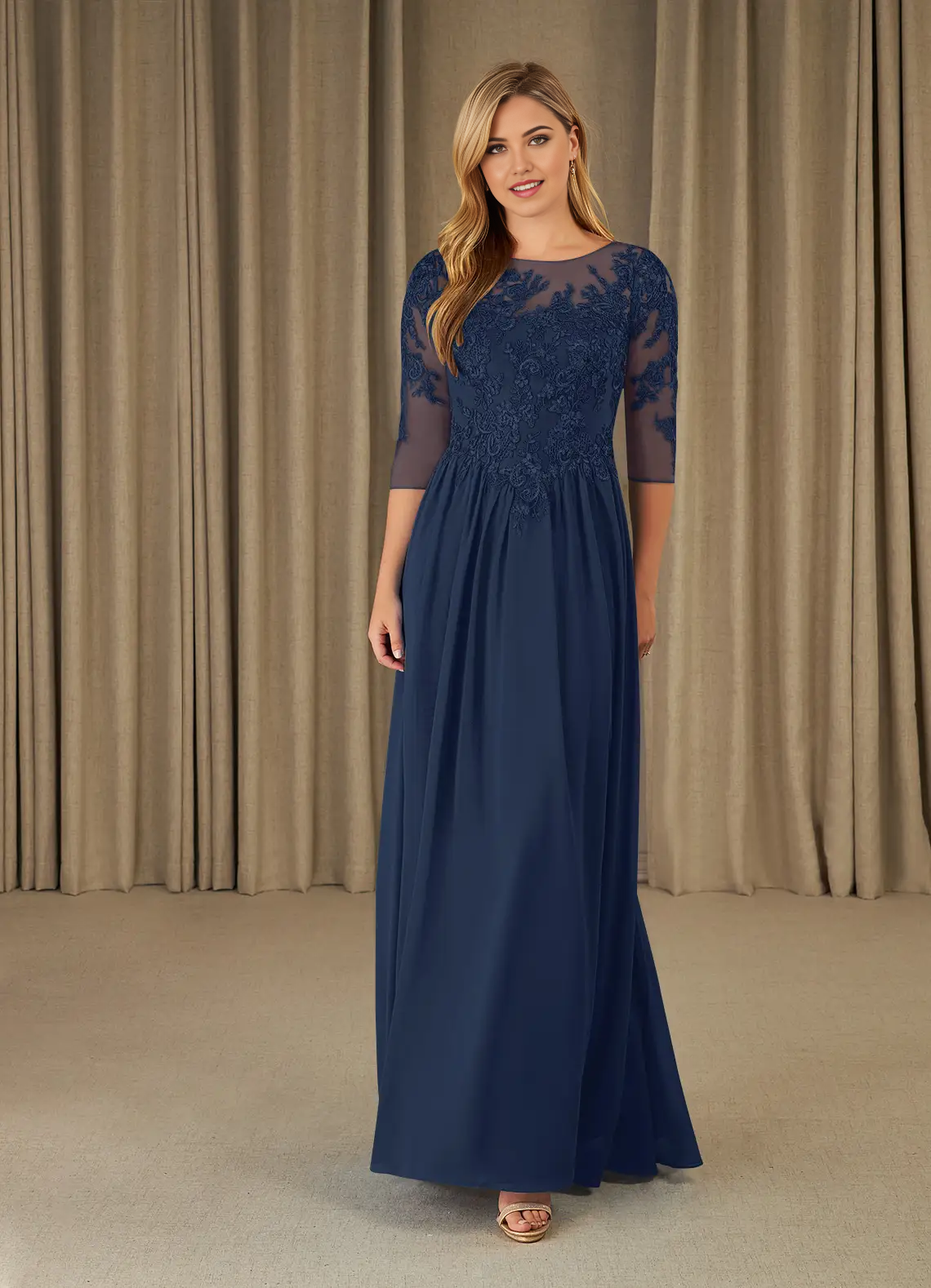 A-Line Scoop Lace Chiffon Dark Navy formal dresses evening dress Mother of the Bride Dresses