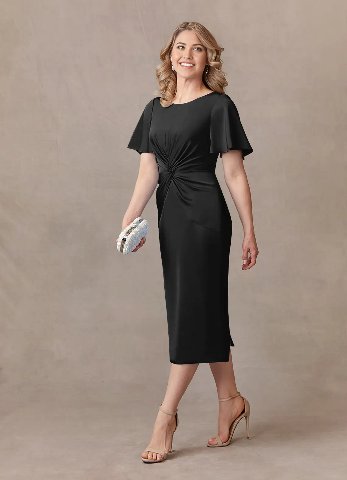 A-Line Scoop Beaded Chiffon Black Tea Length formal dresses evening dress Mother of the Bride Dresses