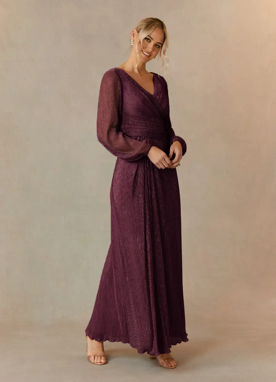 A-Line V-Neck Long Sleeve Pleated Mulberry Mother of the Bride Dresses