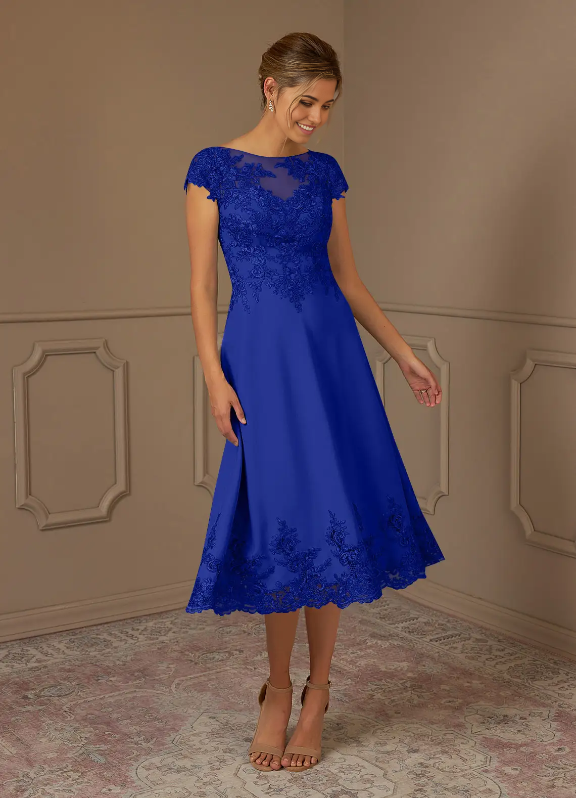 A-Line Scoop Lace Lace Tea Length Royal Blue formal dresses evening dress Mother of the Bride Dresses