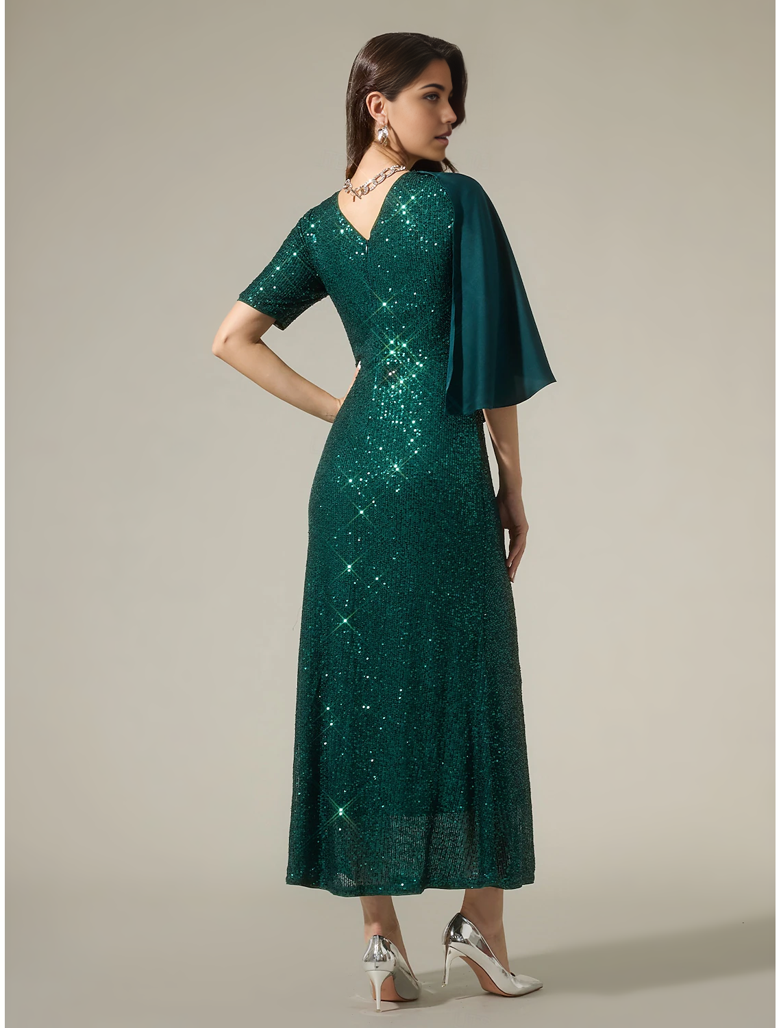 Sparkly Satin Sequin Mismatched Short Sleeve Maxi Dress Mother of the Bride Dresses