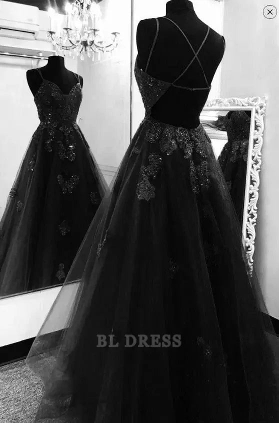 A Line V-Neck Spaghetti Straps Lace Tulle Black formal dresses Bridesmaid Dresses evening gown Prom Dress