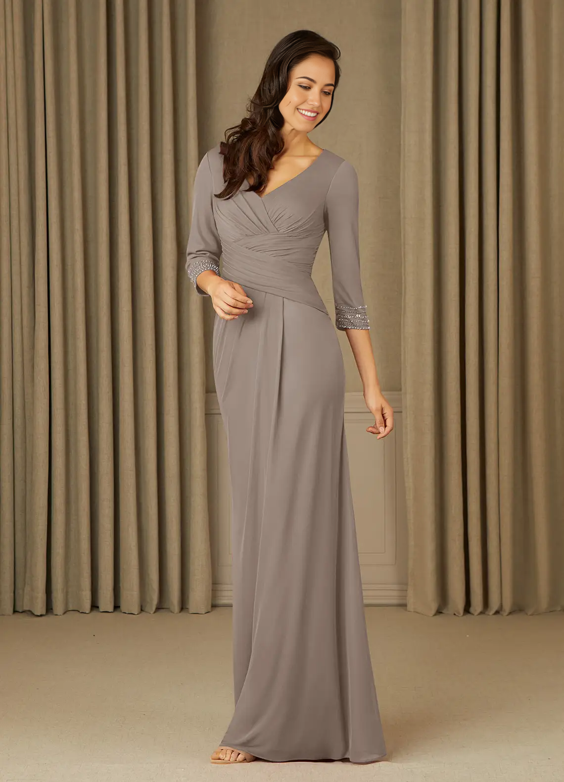 Sheath V-Neck Pleated Taupe formal dresses evening dress Mother of the Bride Dresses