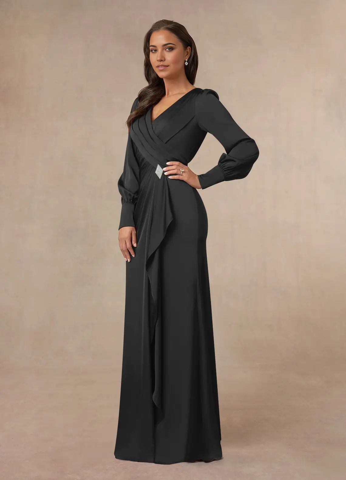 Mermaid V-Neck Pleated Long Sleeve Black formal dresses evening dress Mother of the Bride Dresses