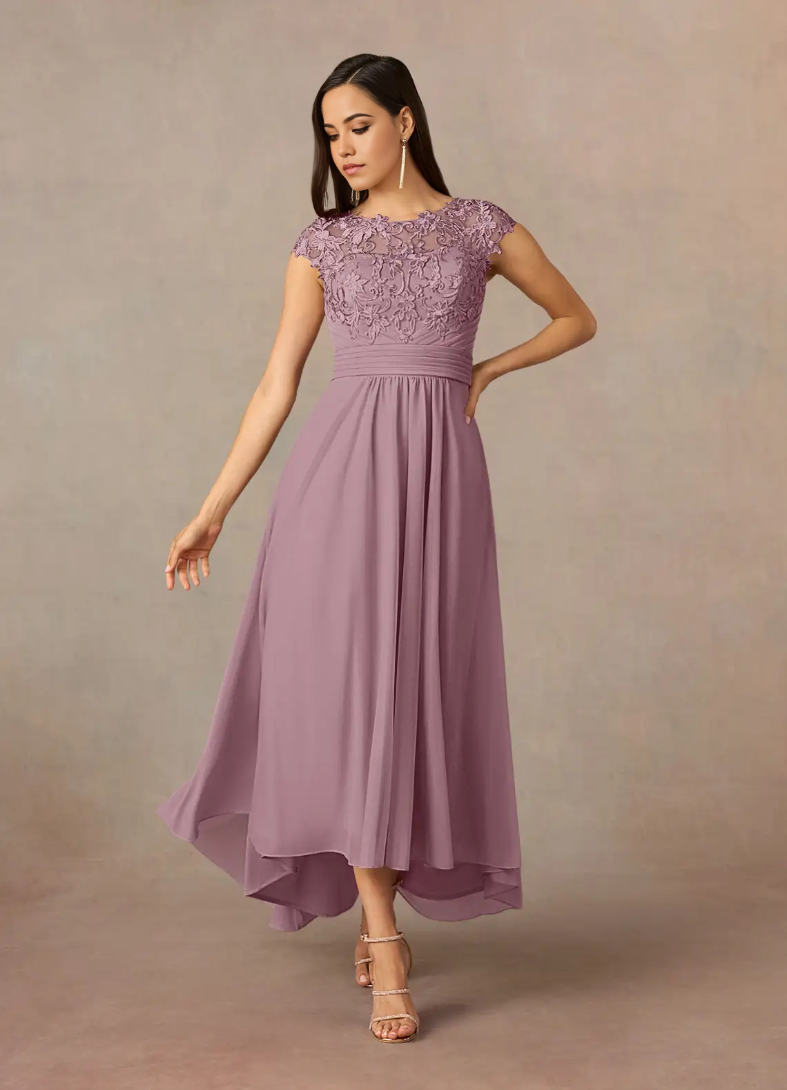 A-Line Crew Neck Lace Dusty Rose formal dresses evening dress Mother of the Bride Dresses