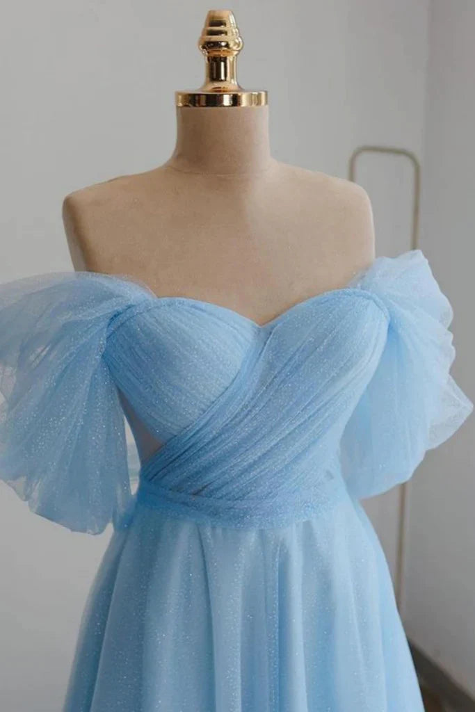 Shiny Off the Shoulder Tulle Tea Length Homecoming Dresses