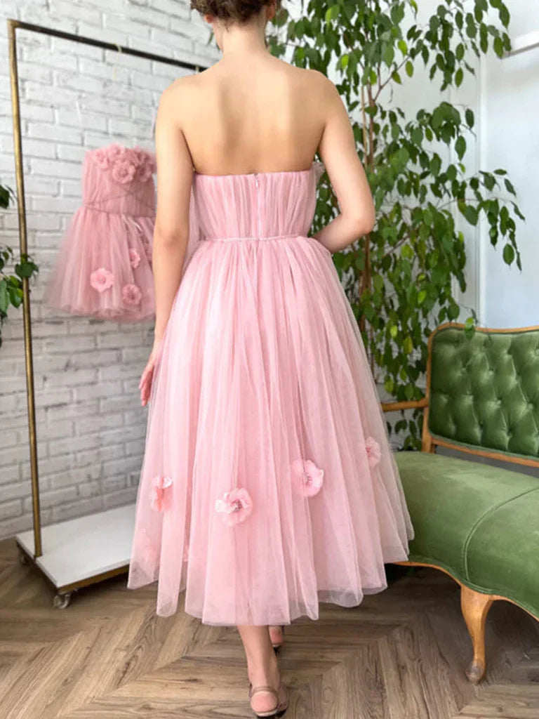 Strapless Floral Tulle 3D Flowers Tea Length Prom Dresses