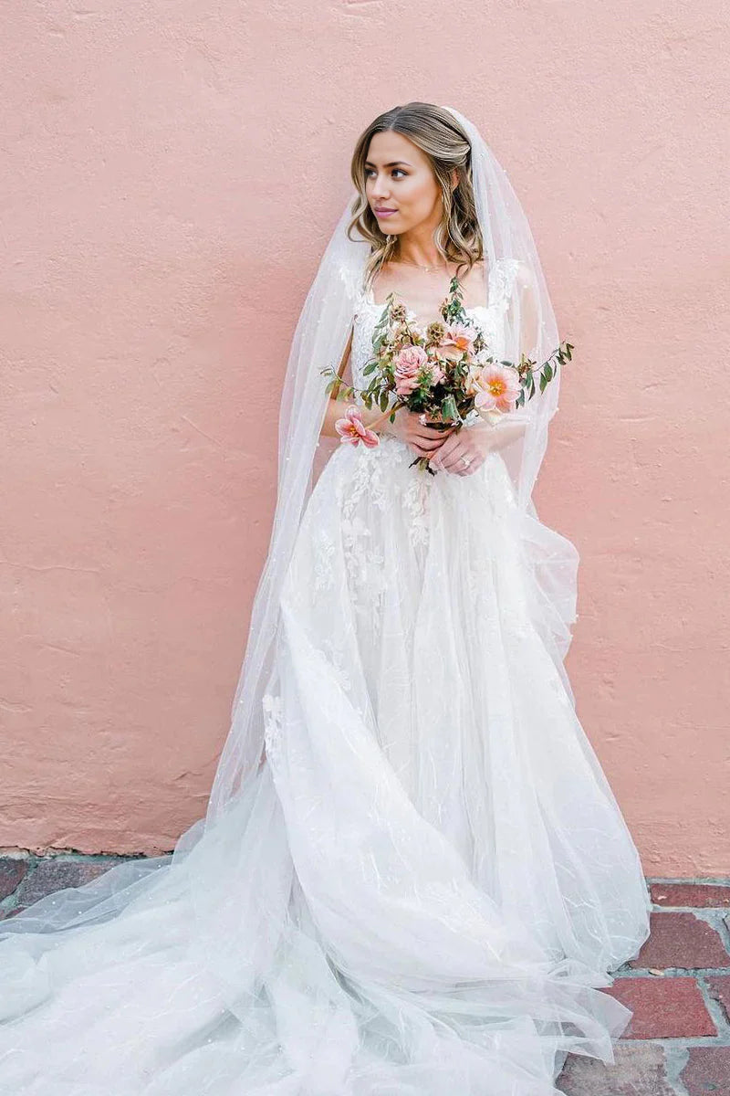 A-Line V Neck Tulle Appliques Wedding Dresses