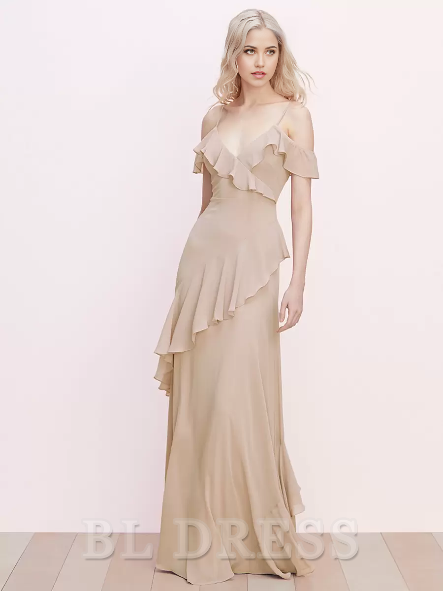 A-Line Ruffled Spaghetti Straps Backless Chiffon formal dresses evening gown Prom Dress