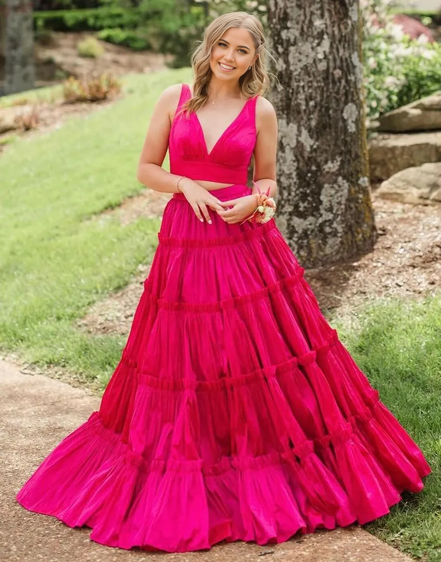 Two Piece A-Line V Neck Ruffled Fuchsia formal dresses evening dress Long Prom Dress