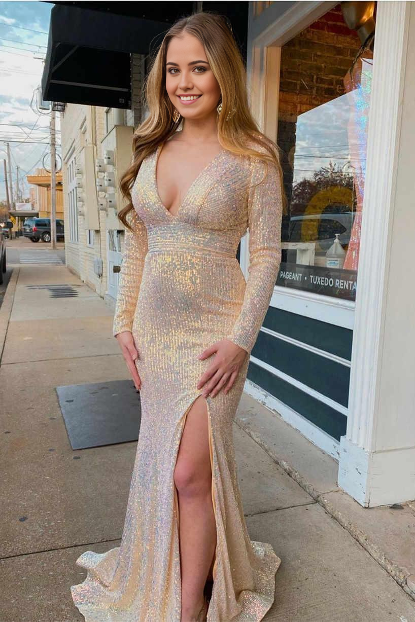 Mermaid V-Neck Backless Pink Prom Formal Dress with Long Sleeves