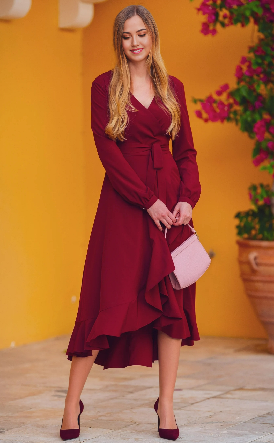 A-line V-Neck Tea Length Long Sleeve Cocktail Dress Bridesmaid Dress Formal Dresses for Wedding Guest Mother of the Bride Dresses