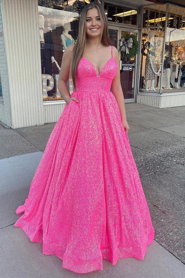A-line Sequin Lace Straps Neckline Prom Dress With Pockets