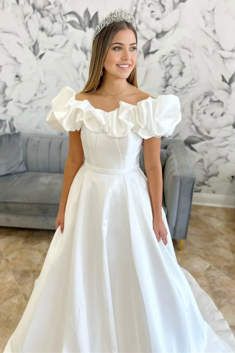 A-line Off-the-Shoulder Ruffle Long Bridal Gown Wedding Dresses