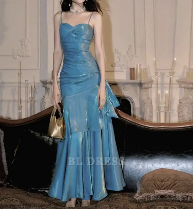 A-line Spaghetti Straps Blue Ruffle formal dresses Bridesmaid Dresses evening gown Prom Dress