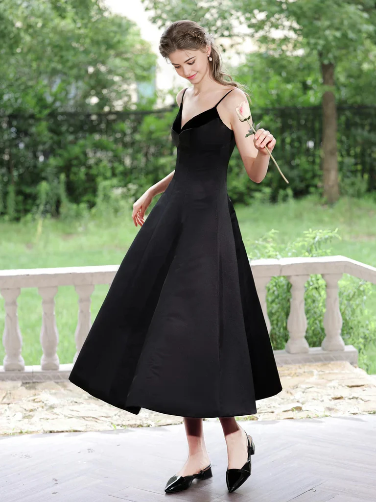 A Line V Neck Tea Length Satin Prom Dresses Formal Evening Homecoming Dresses