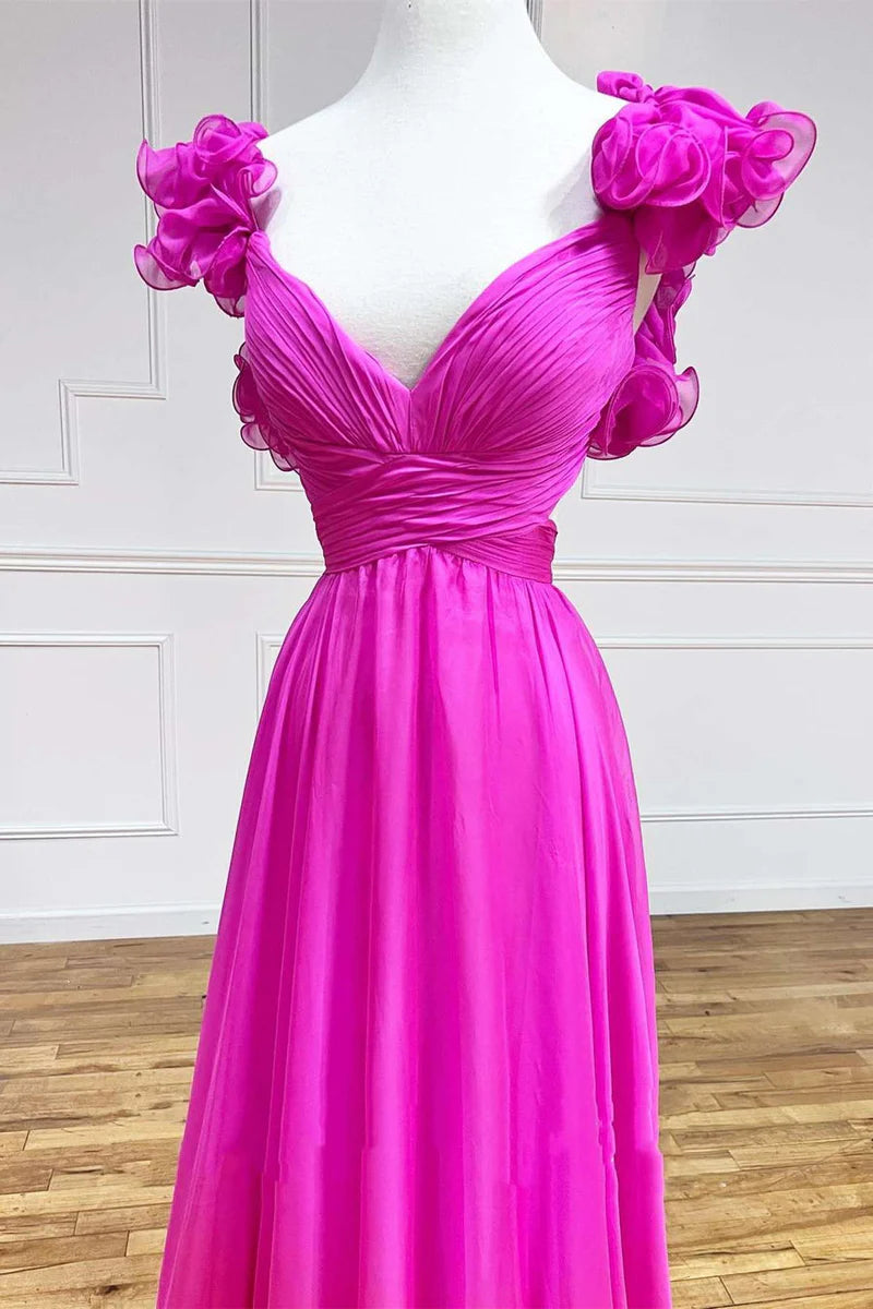 V-Neck Ruffle Pleated Long Prom Dress