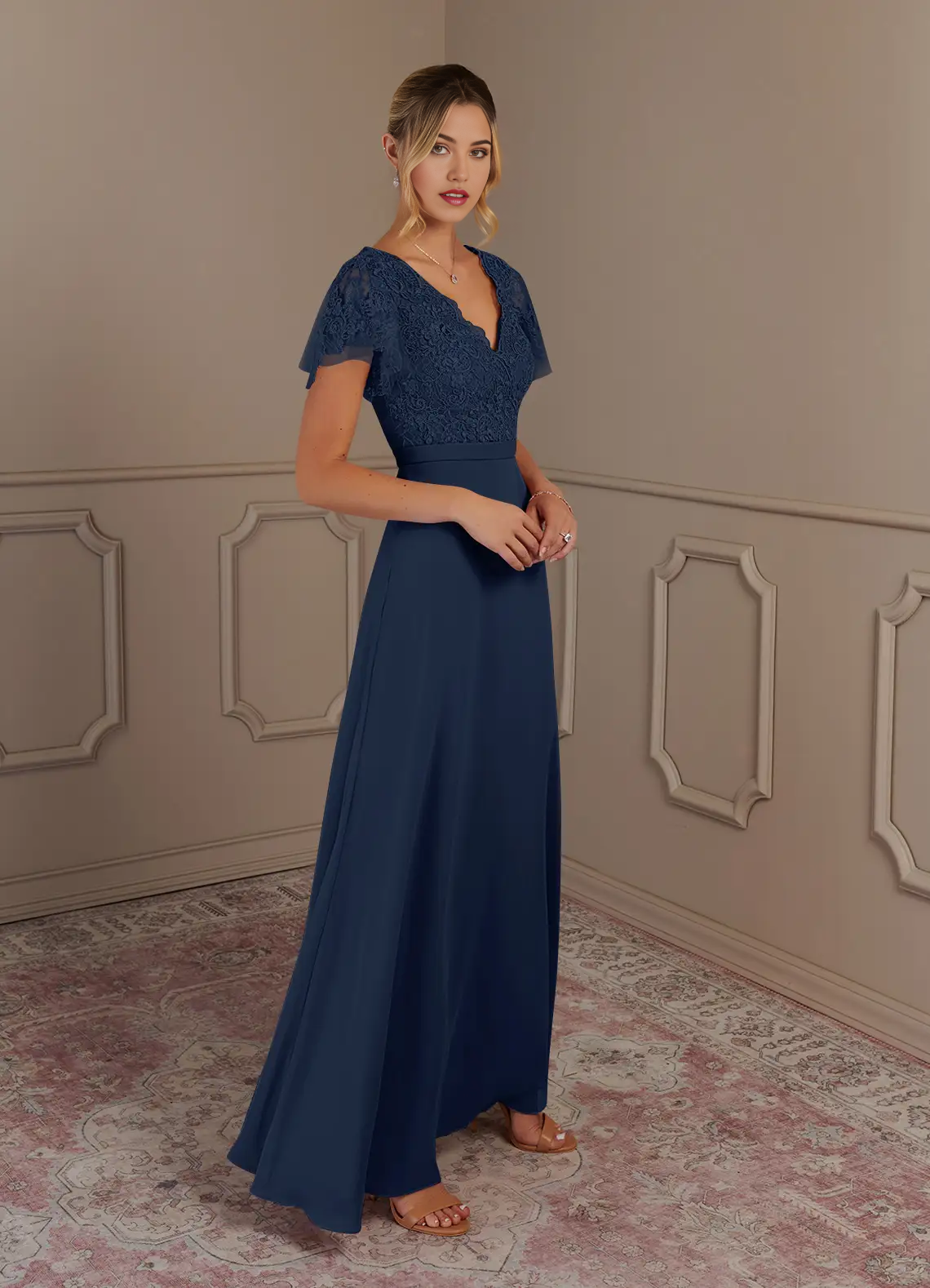 A-Line V-Neck Lace Chiffon Dark Navy Mother of the Bride Dresses