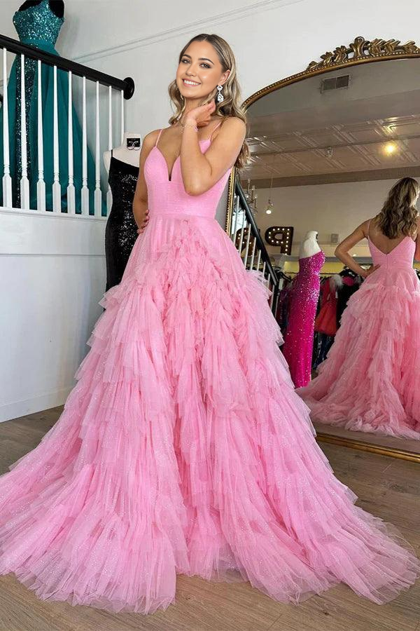 A-line V-Neck Tiered Pink Long Prom Dress with Ruffles