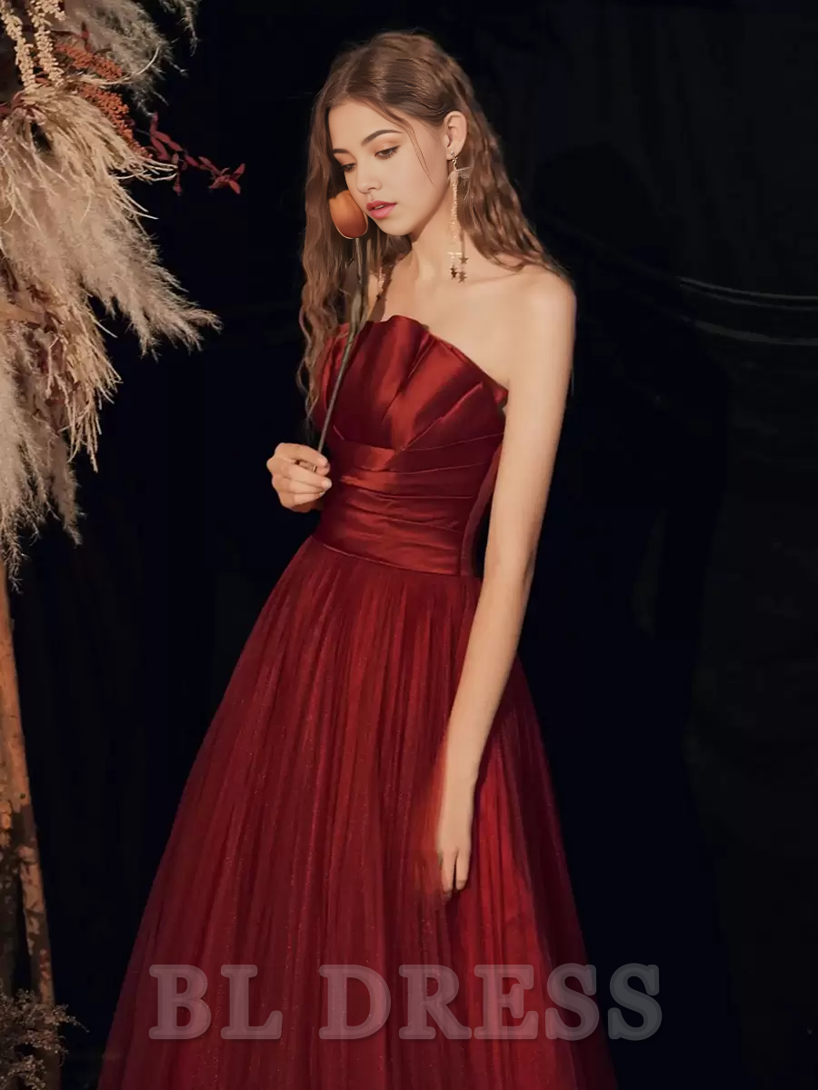 A-Line Strapless Floor-Length Sleeveless Lace-up Pleated Satin formal dress evening gown Wedding Guest Dresses Prom Dress