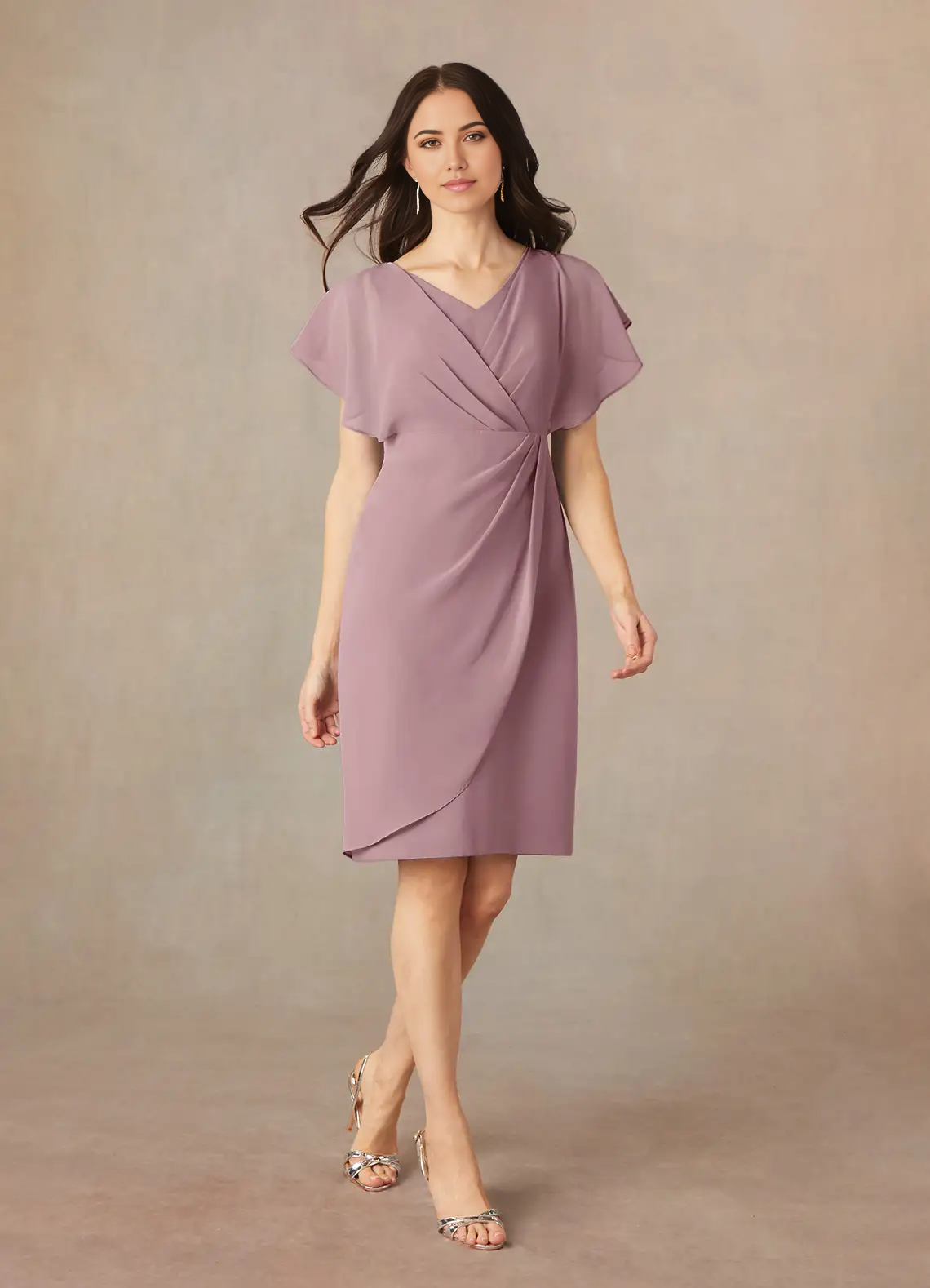 Sheath V-Neck Pleated Chiffon Dusty Rose Tea Length formal dresses evening dress Mother of the Bride Dresses