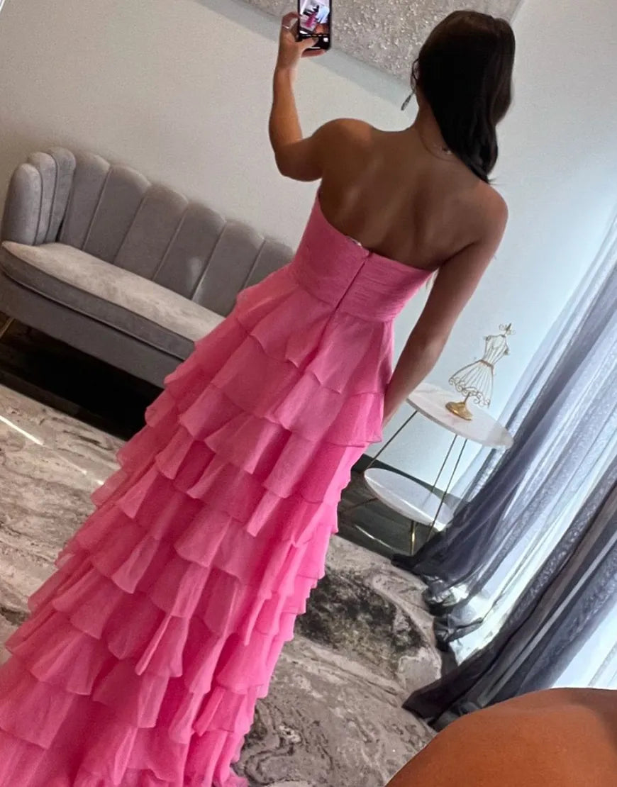 A-Line Strapless Ruffles Bow Chiffon formal dresses evening gown Long Prom Dress with Slit