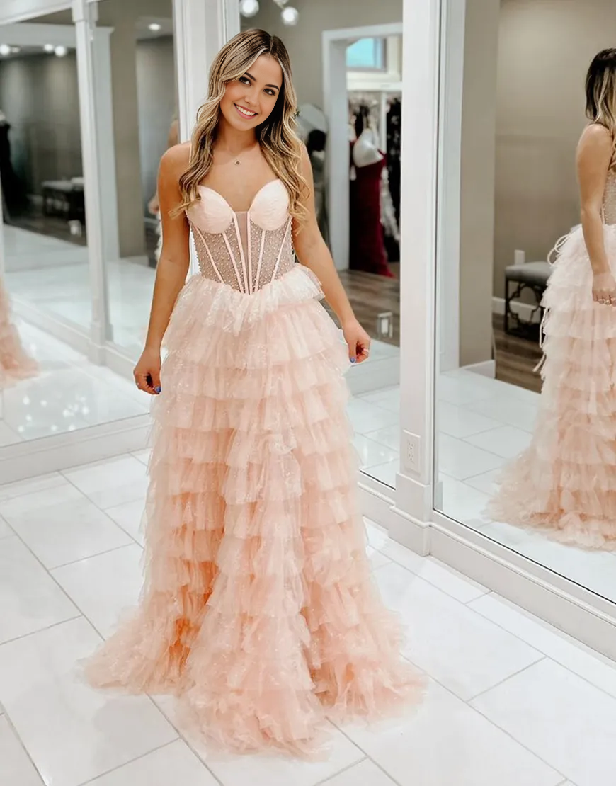 A-Line Spaghetti Straps Corset Beaded Ruffles Tulle Sparkly Pink formal dresses evening dress Long Prom Dress