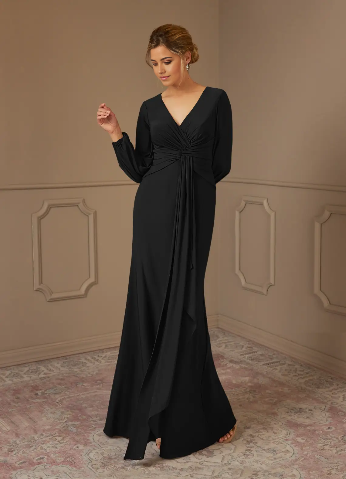 Sheath Pleated Long Sleeve Black formal dresses evening dress Mother of the Bride Dresses