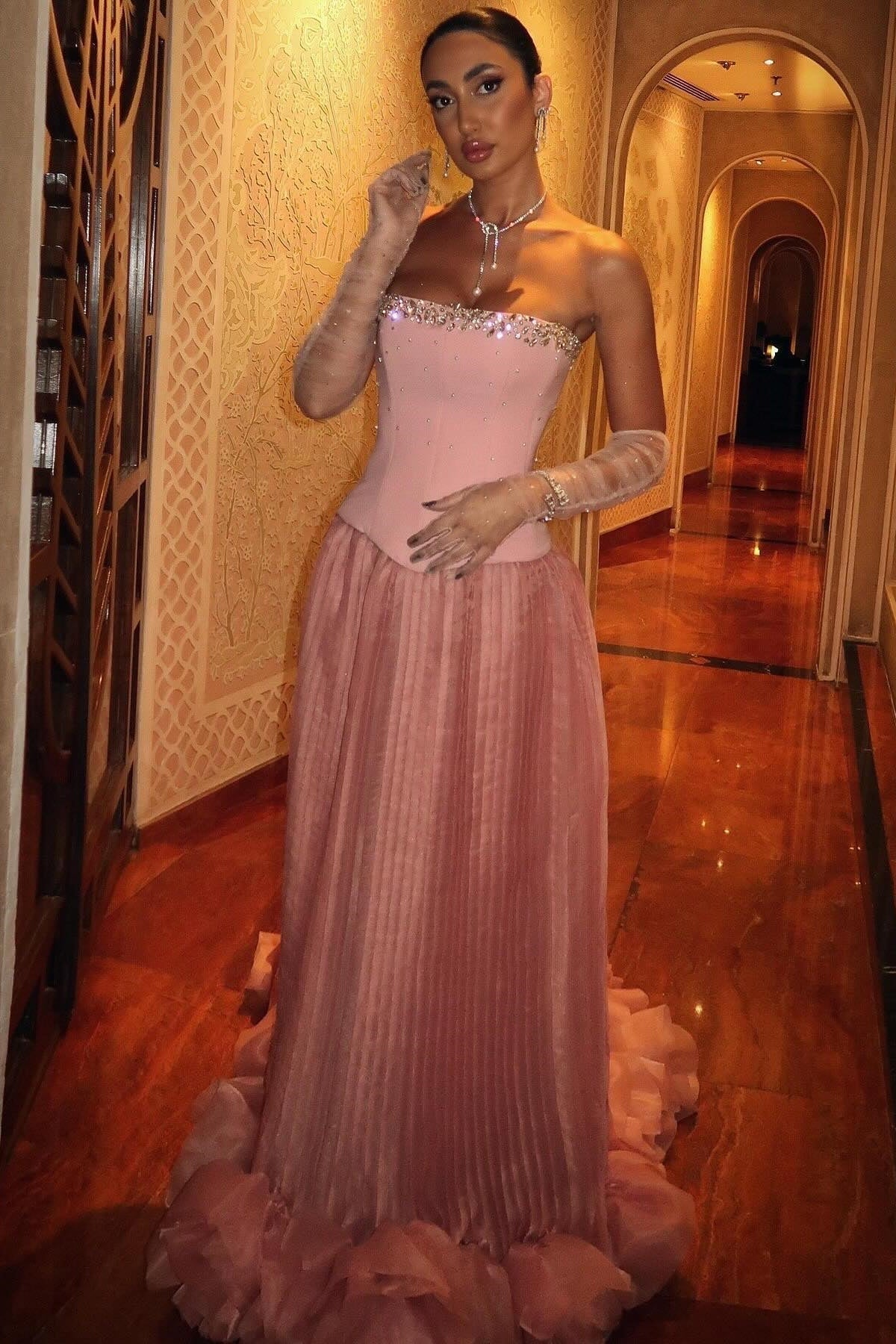 A Line Strapless Pink Corset Long Formal Dress with Beading