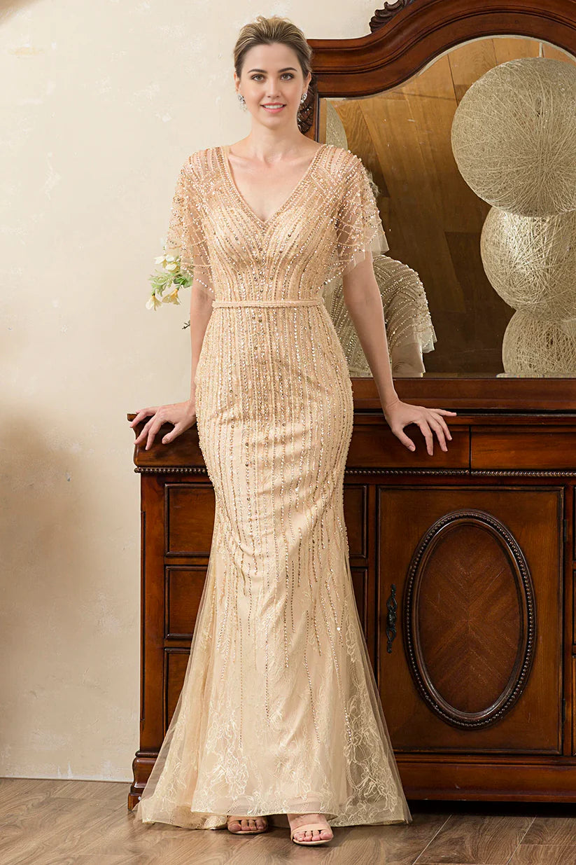 Mermaid Beading V-neck Glitter Mother of Bride Dress